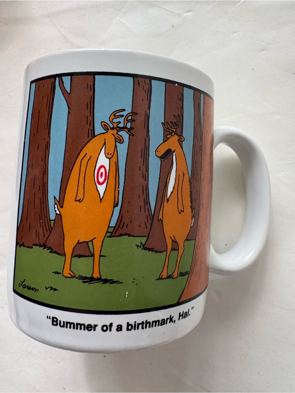 The Far Side Deer Hunting Coffee Mug VGC Cup Gary Larson Oz Comic 1986 ~ Bummer